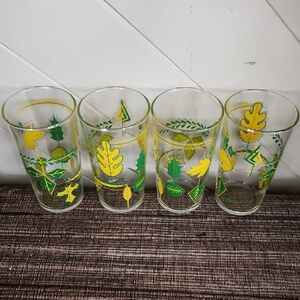 Vintage Yellow & Green Leaf Glass Tumblers - Set of 4